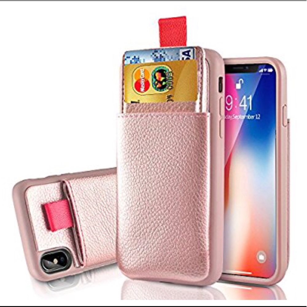 Rose gold iPhone X case with card holder.